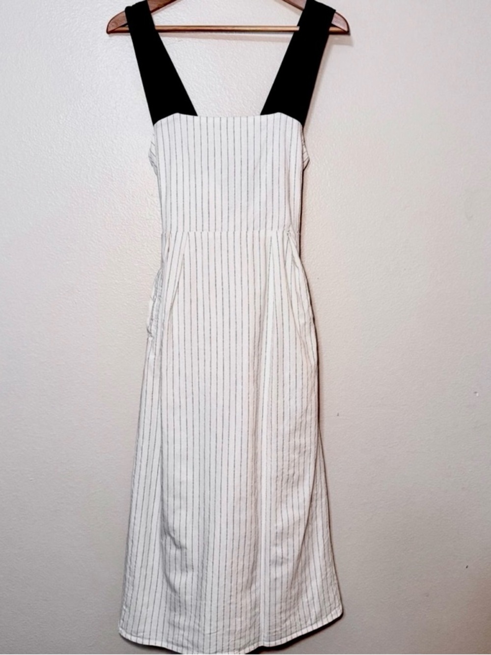 Luxmii Gessato Linen Midi Dress M Pinstripe Black Strap Resort A Line - Picture 3 of 10
